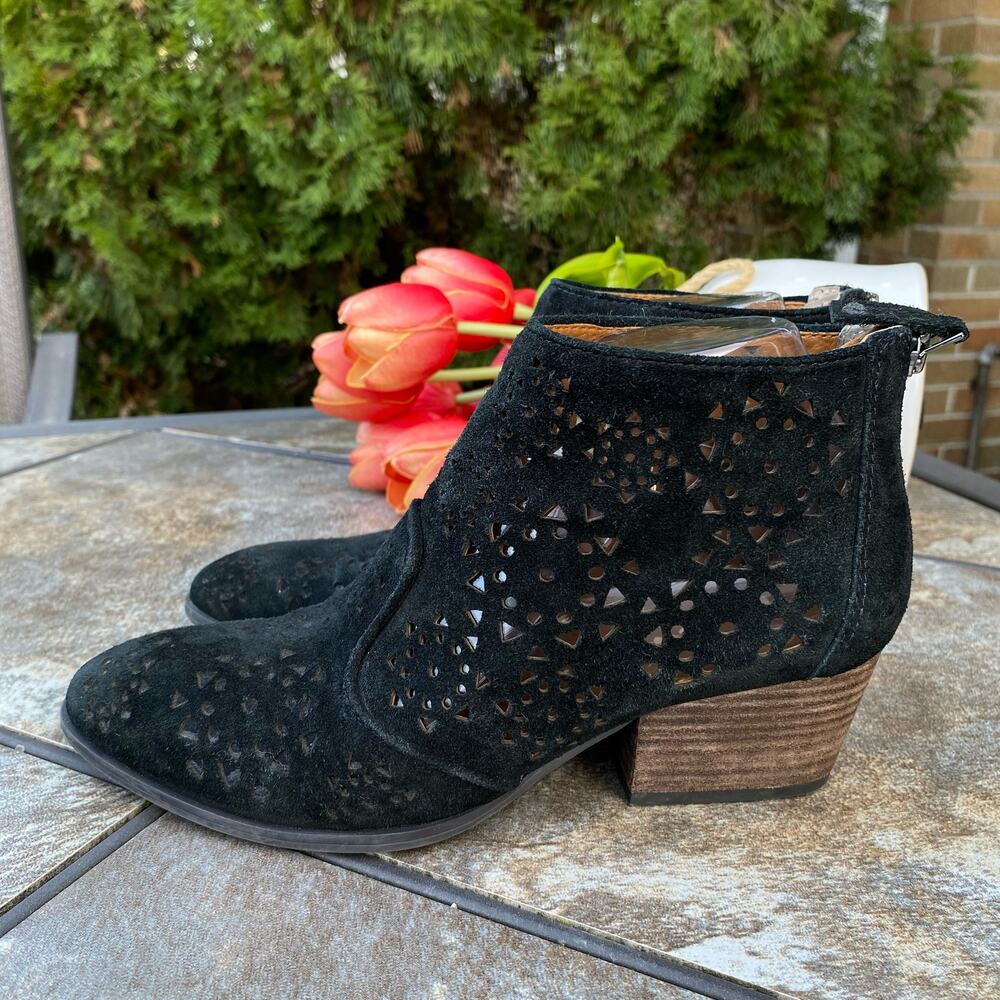 Franco Sarto Black Suede Ashlee Laser Cut Block Heel Ankle Boots 6